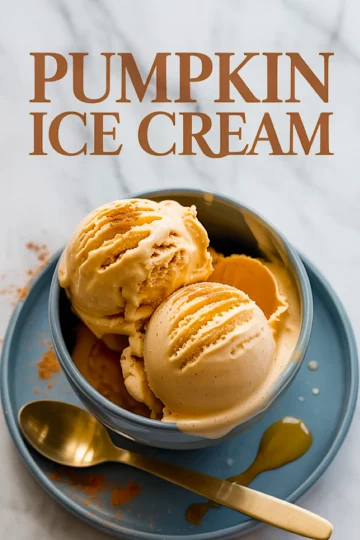 Blue ceramic bowl filled with scoops of pumpkin ice cream topped with cinnamon, placed on a matching plate with a gold spoon and decorative text reading “Pumpkin Ice Cream.”