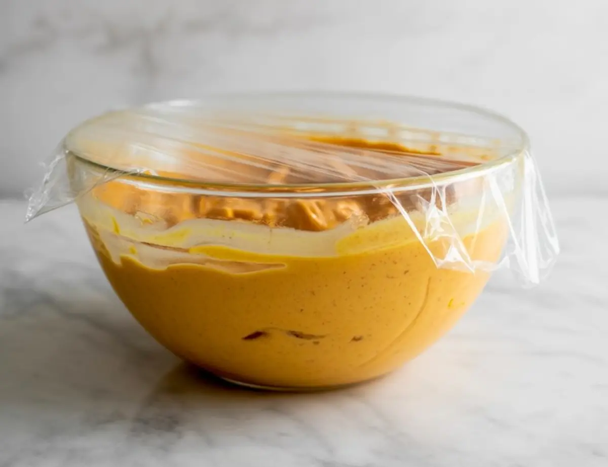 Glass mixing bowl covered in plastic wrap with creamy pumpkin ice cream mixture inside, resting on a marble surface for chilling before churning.