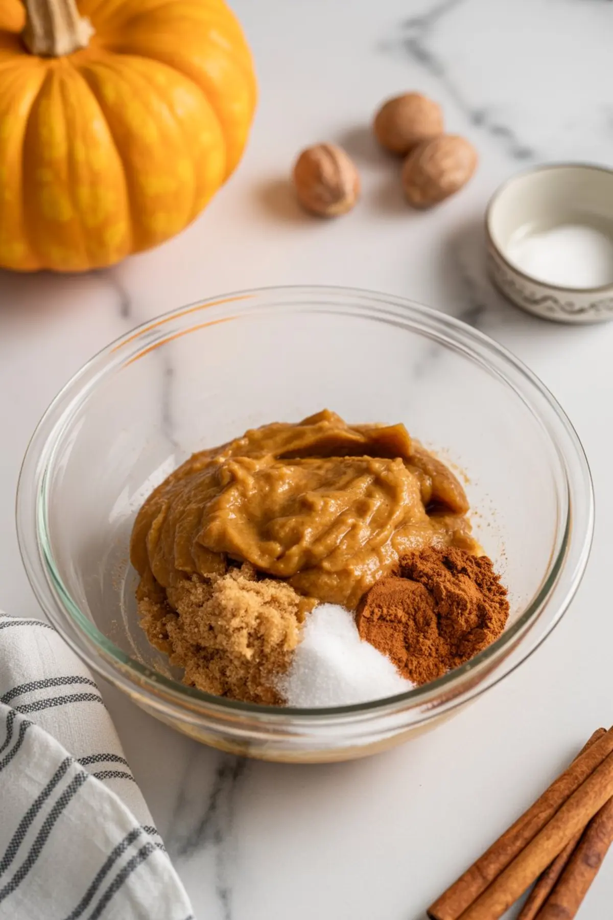 Clear glass bowl holding pumpkin puree, brown sugar, white sugar, ground cinnamon, and nutmeg on a marble surface with whole nutmegs and a pumpkin in the background, capturing the start of a fall dessert recipe.