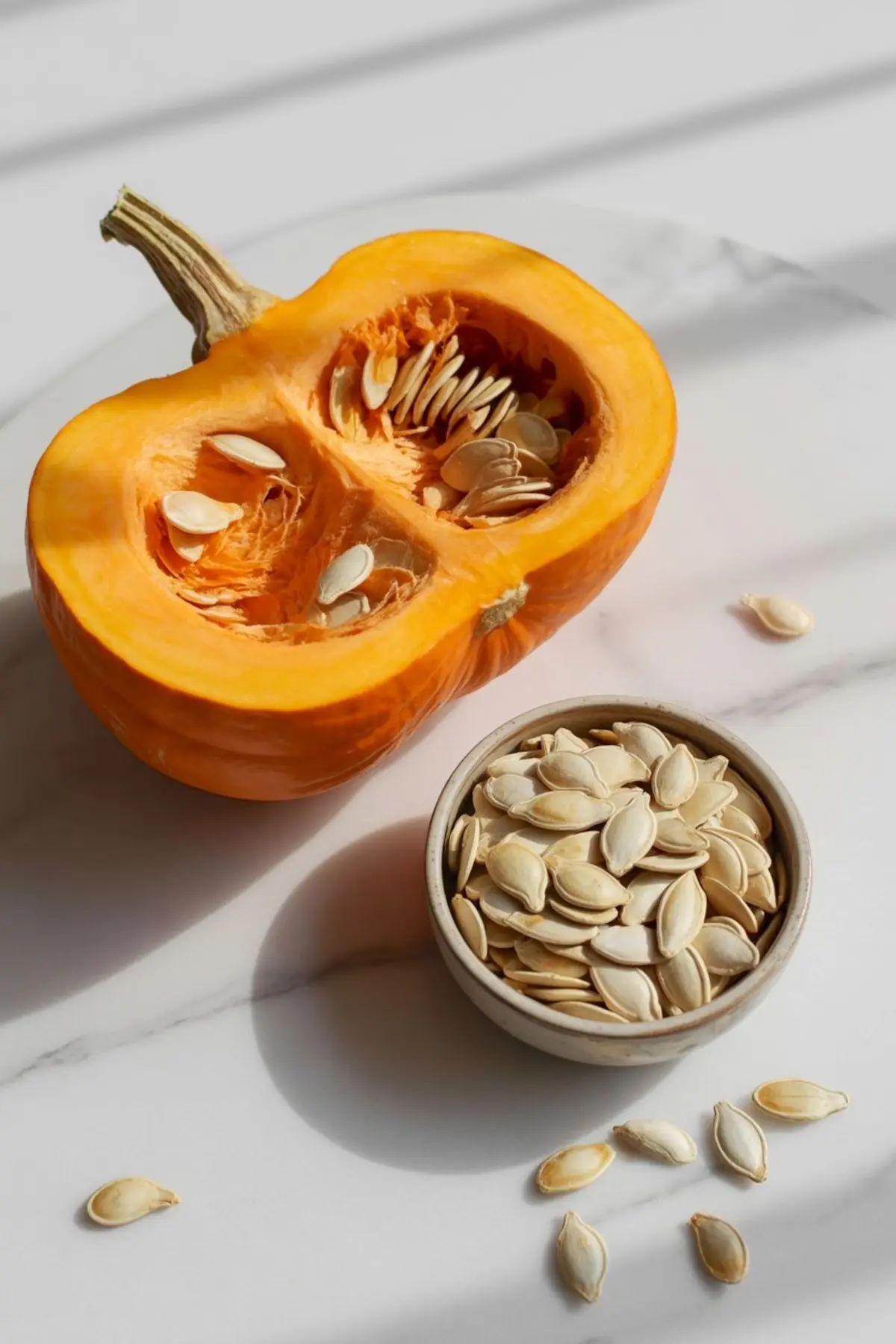 Bright orange pumpkin half with visible seeds, displayed next to a ceramic bowl filled with raw pumpkin seeds on a sunlit marble surface.

