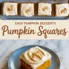 Tray of pumpkin squares with swirled frosting and sprinkled cinnamon, paired with a single slice on a plate and a banner reading “Easy Pumpkin Desserts - Pumpkin Squares” in stylized font.