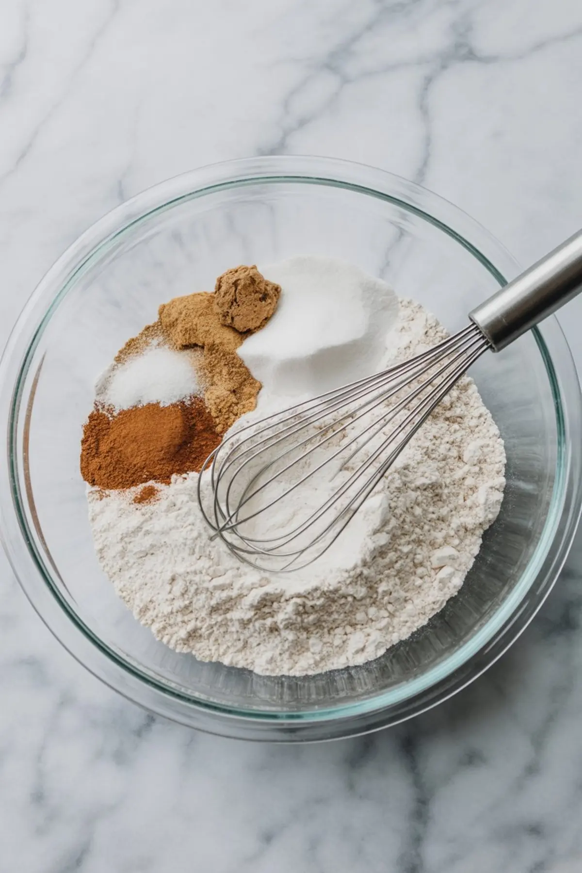 Glass mixing bowl filled with flour, sugar, cinnamon, ginger, nutmeg, baking soda, and salt, with a metal whisk resting inside, ready to combine the dry ingredients for pumpkin cake.
