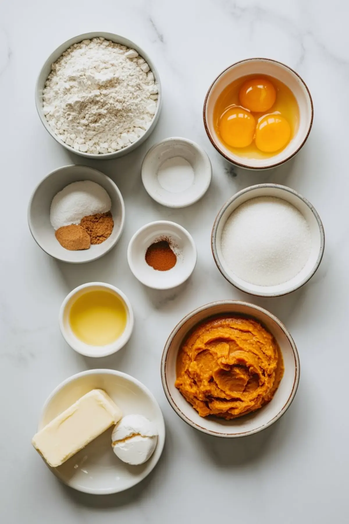 Flat lay of pumpkin dessert ingredients in small bowls on a marble surface, including flour, eggs, sugar, pumpkin puree, butter, oil, baking powder, baking soda, and warm spices like cinnamon, nutmeg, and cloves.
