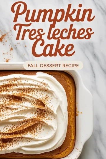 Overhead view of a pumpkin tres leches cake in a white baking dish, topped with whipped cream swirls and sprinkled with cinnamon, labeled as a fall dessert recipe.
