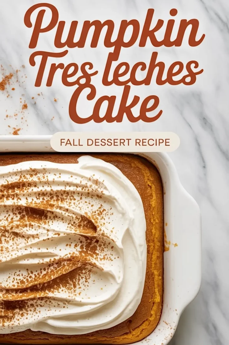 Overhead view of a pumpkin tres leches cake in a white baking dish, topped with whipped cream swirls and sprinkled with cinnamon, labeled as a fall dessert recipe.