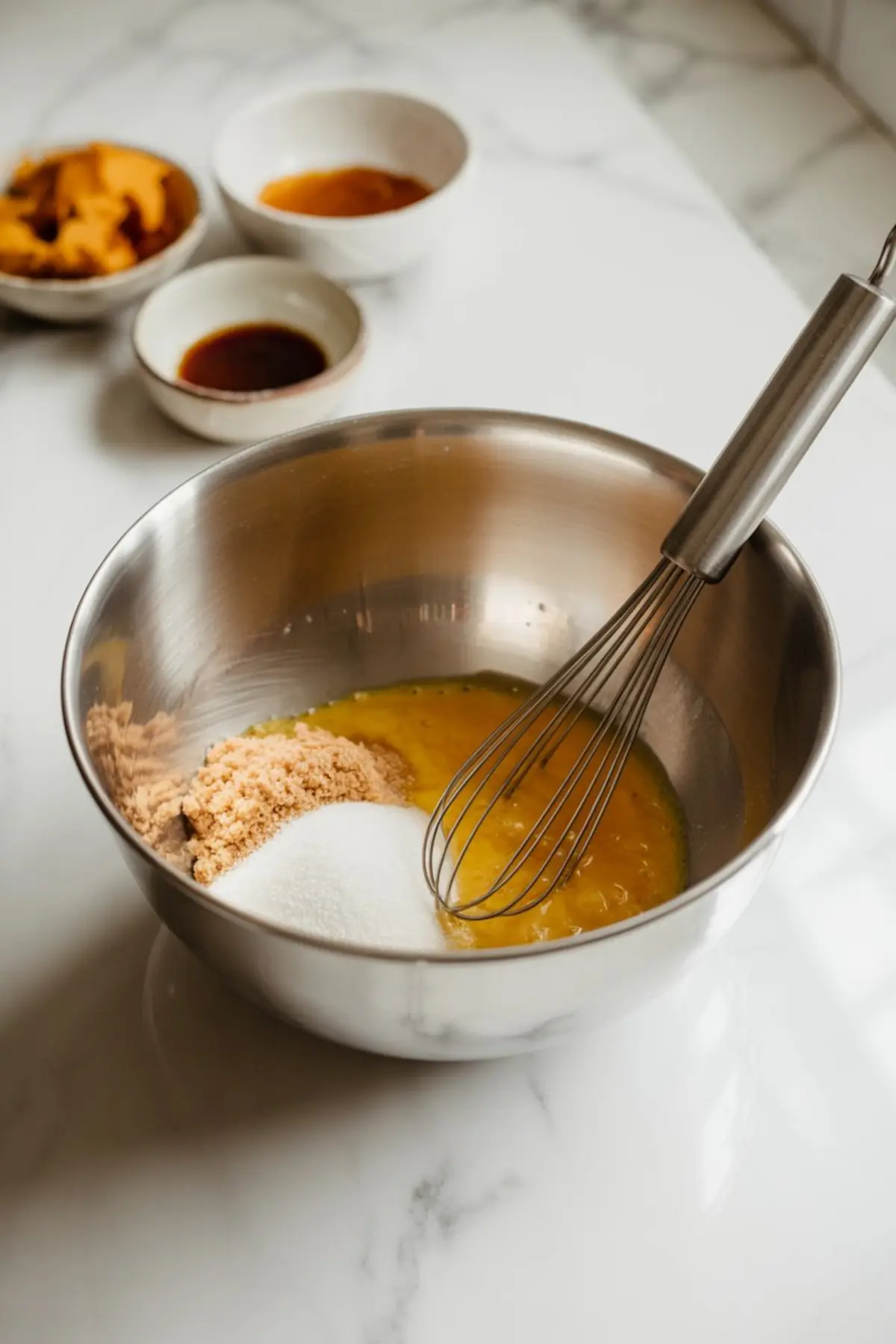 Stainless steel mixing bowl with whisk, containing eggs, white sugar, and brown sugar, with small bowls of pumpkin puree, vanilla extract, and milk in the background.