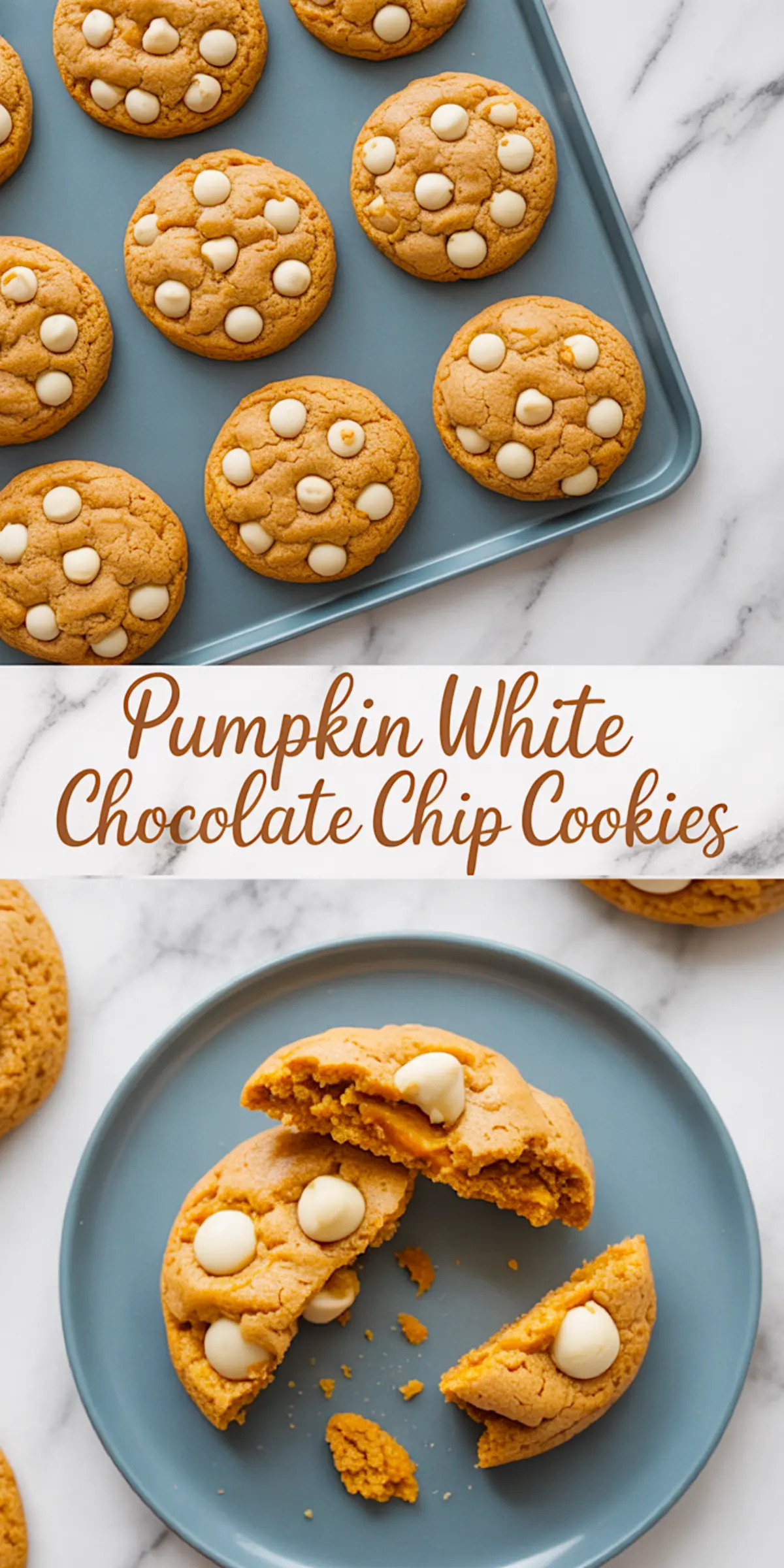 Freshly baked pumpkin white chocolate chip cookies on a blue baking tray, with one cookie broken open on a plate to show the soft pumpkin center.
