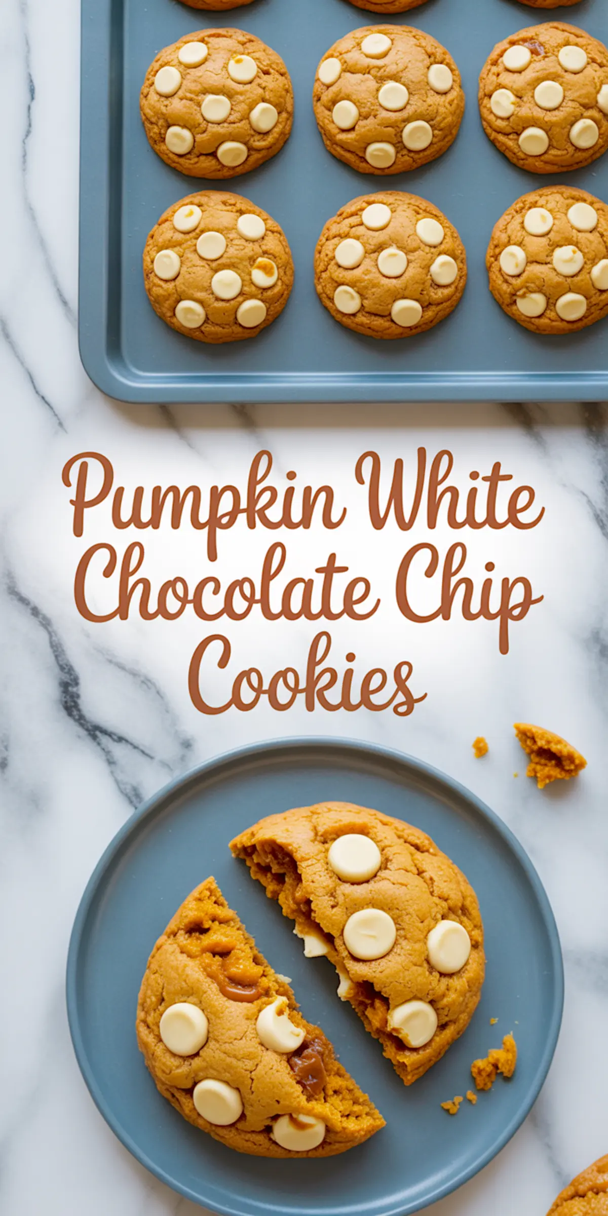 Pumpkin white chocolate chip cookies cooling on a baking tray, with a split cookie on a plate showing gooey pumpkin filling and melted white chocolate.