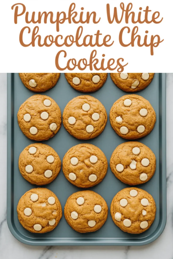 A full baking tray of pumpkin white chocolate chip cookies, each topped with evenly spaced white chocolate chips.