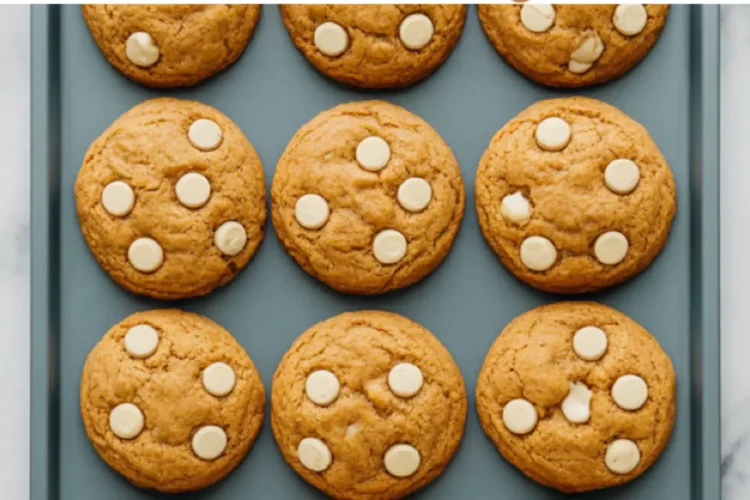 A full baking tray of pumpkin white chocolate chip cookies, each topped with evenly spaced white chocolate chips.