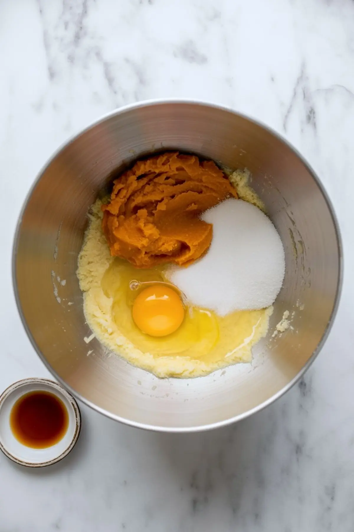 Mixing bowl with pumpkin puree, sugar, and an egg ready to be blended for pumpkin white chocolate chip cookies.