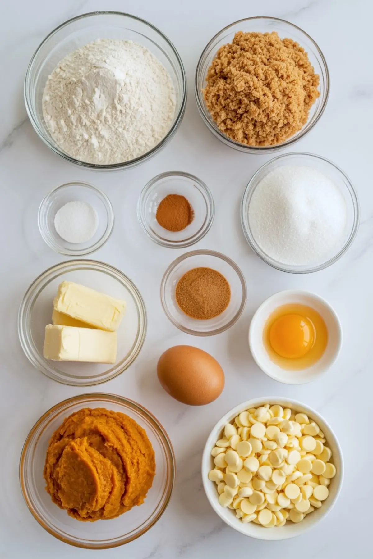 Overhead view of measured ingredients for pumpkin white chocolate chip cookies, including flour, sugars, butter, eggs, pumpkin puree, white chocolate chips, and spices.