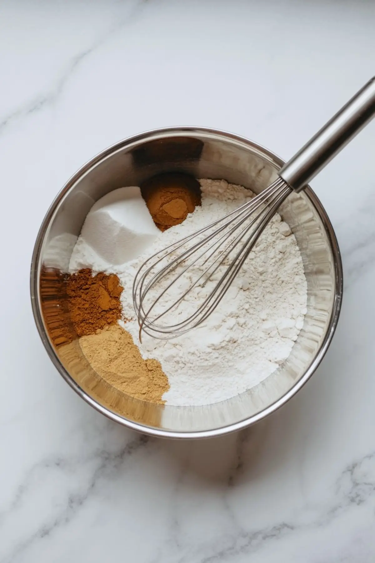 Bowl of flour mixed with cinnamon, ginger, nutmeg, and sugar, with a whisk ready to blend for pumpkin cookie dough.
