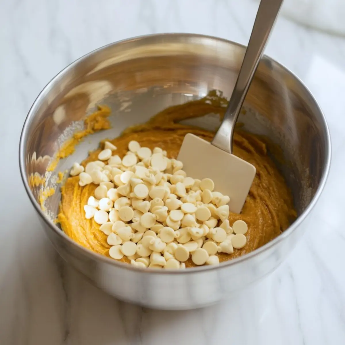 Mixing bowl with pumpkin cookie batter and a generous portion of white chocolate chips about to be folded in with a spatula.