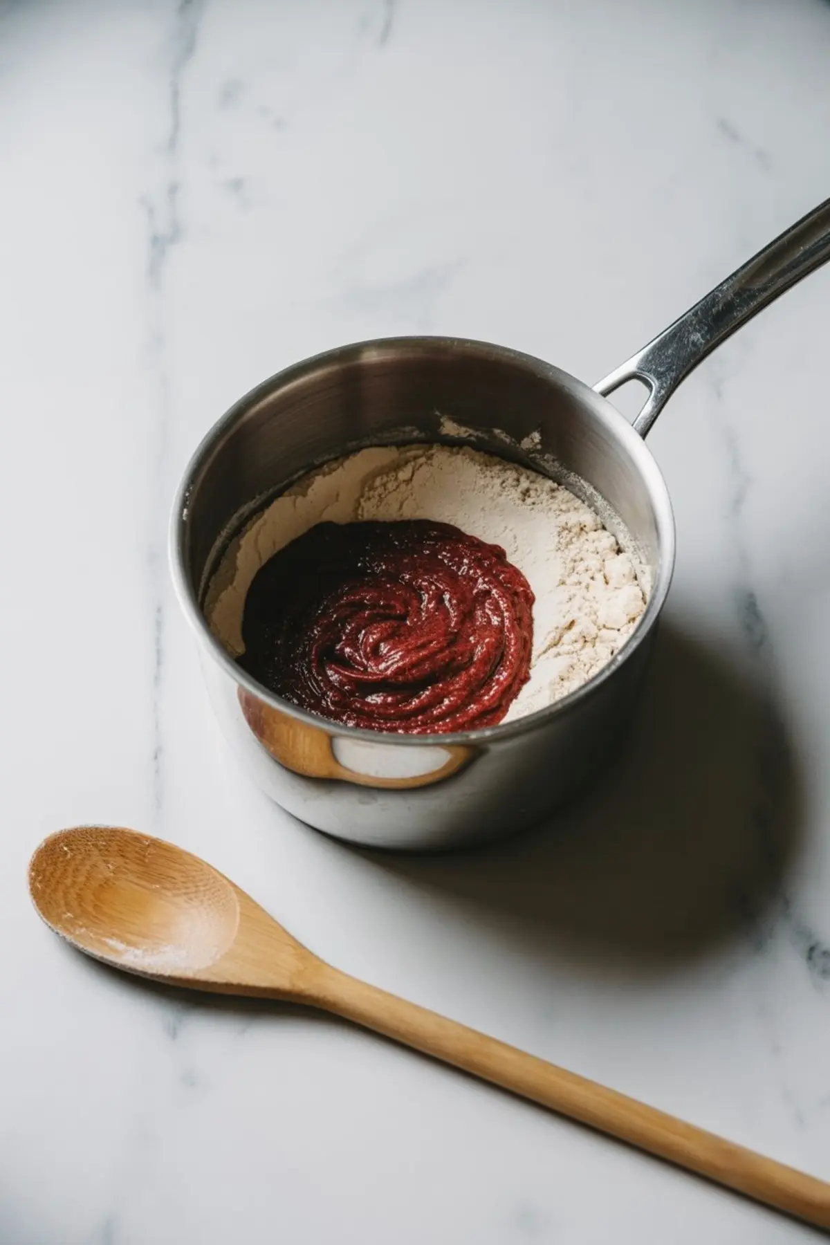 Mixing stage of red velvet churro dough in a saucepan, showing bright red batter partially combined with flour. A wooden spoon rests nearby on the white marble countertop.
