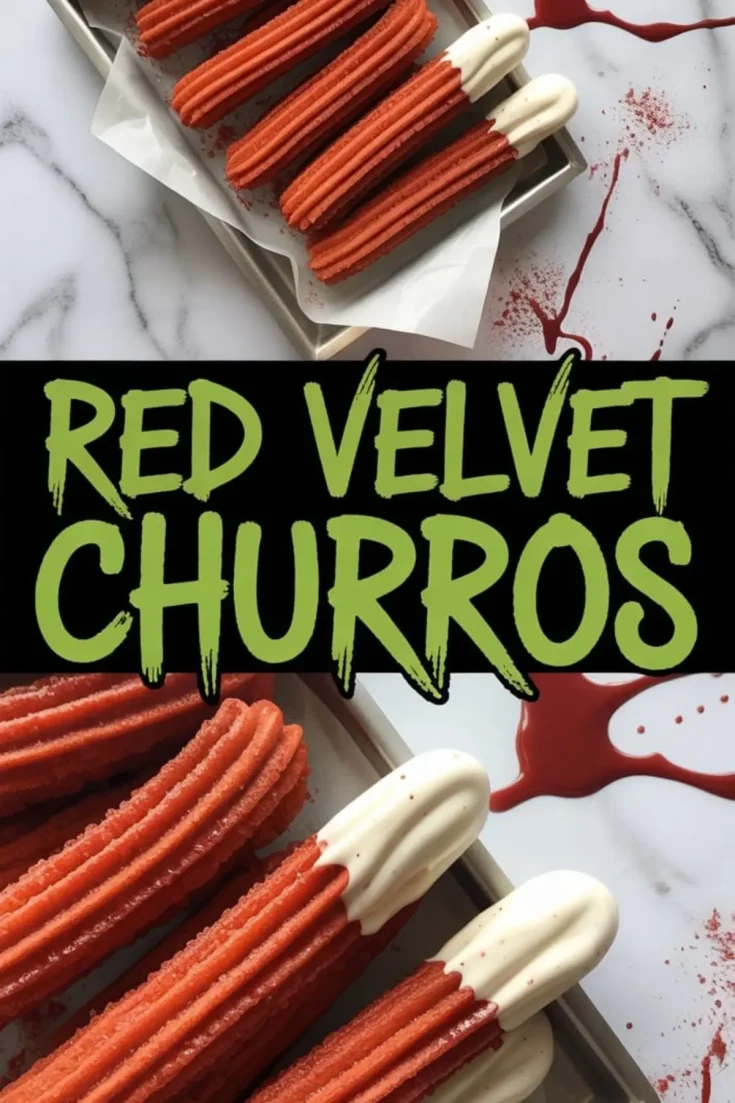 Overhead view of red velvet churros with sugar coating and white chocolate-dipped ends, served on a small parchment-lined tray. The marble surface is decorated with artistic red splatters, adding visual flair to the dessert presentation.