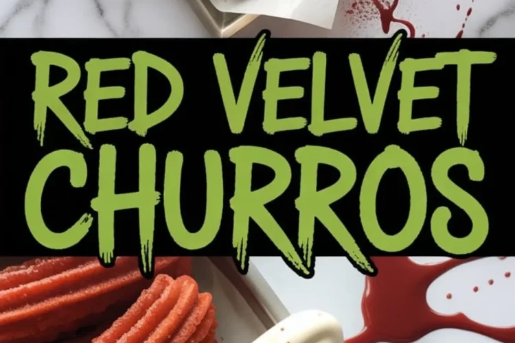 Overhead view of red velvet churros with sugar coating and white chocolate-dipped ends, served on a small parchment-lined tray. The marble surface is decorated with artistic red splatters, adding visual flair to the dessert presentation.