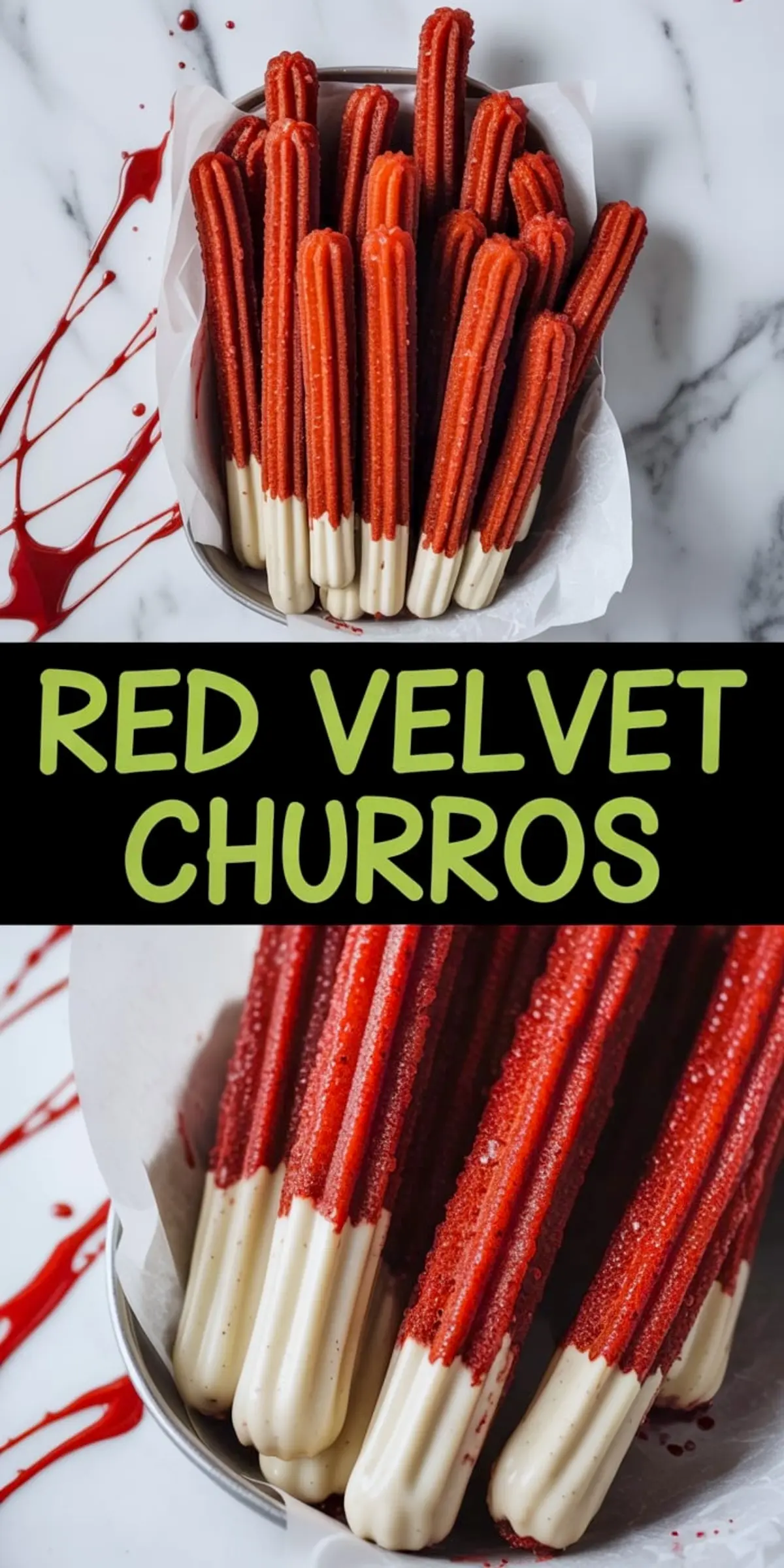 Flat lay of red velvet churros dipped in white chocolate, arranged neatly on a parchment-lined tray. The churros are vibrant red with a dusting of sugar, and the white chocolate coating adds a creamy contrast. The marble background features splashes of red sauce for dramatic effect.