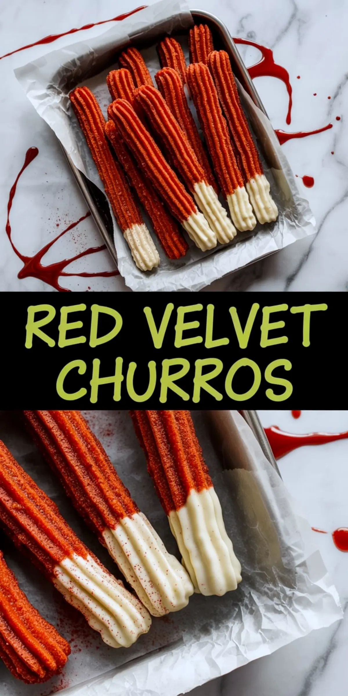 Red velvet churros with crisp edges and smooth white chocolate coating, arranged vertically in a white-lined bowl. The bright red hue and sugar-dusted finish contrast against the marble backdrop and red drizzle patterns.