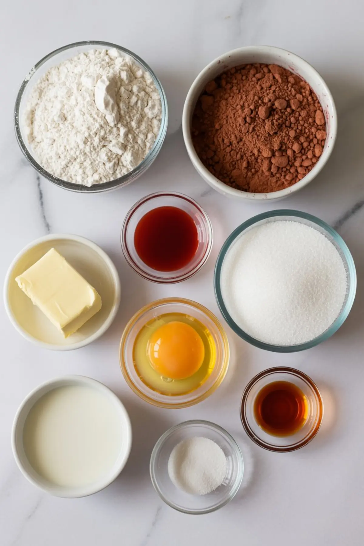 Assortment of ingredients for red velvet churros displayed in small bowls on a white surface, including flour, cocoa powder, sugar, milk, butter, egg, vanilla extract, vinegar, and salt.