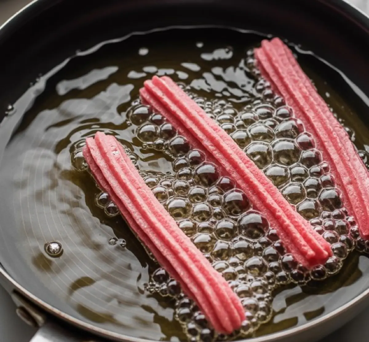 Raw red velvet churros being fried in bubbling oil inside a skillet. The ridged dough turns golden as it cooks, with oil bubbles highlighting the frying process.