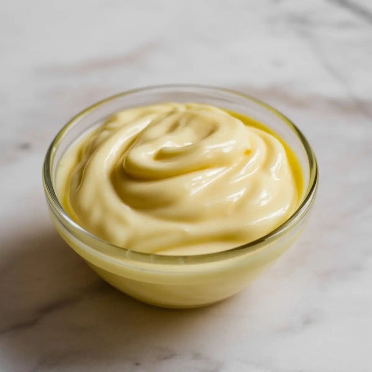 Small glass bowl filled with smooth vanilla pastry cream, with a rich and glossy texture, placed on a white marble surface.