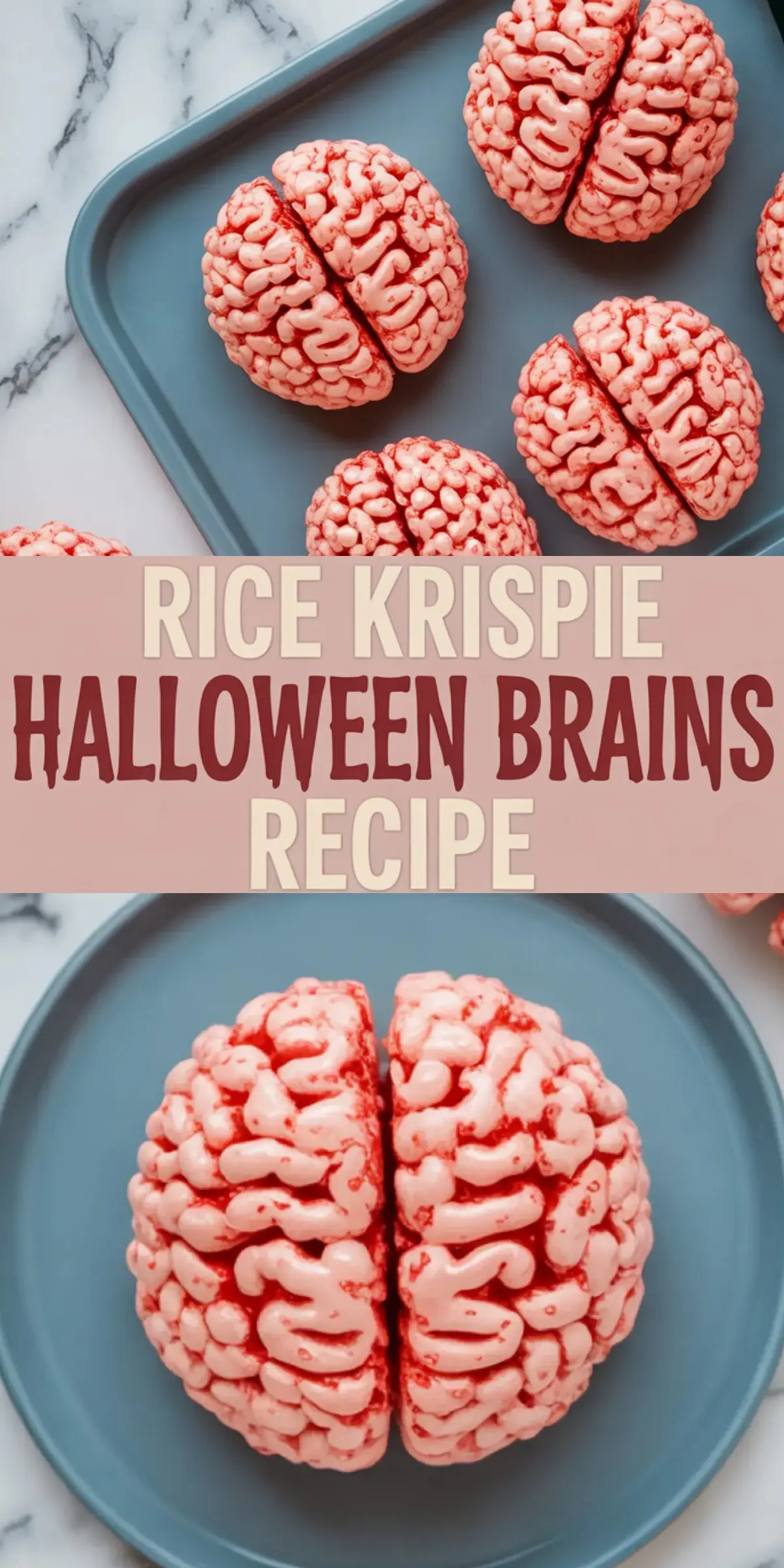 Collage of Halloween-themed rice krispie brains shaped like realistic human brains, styled on gray plates with a pink hue and text overlay reading “Rice Krispie Halloween Brains Recipe.”