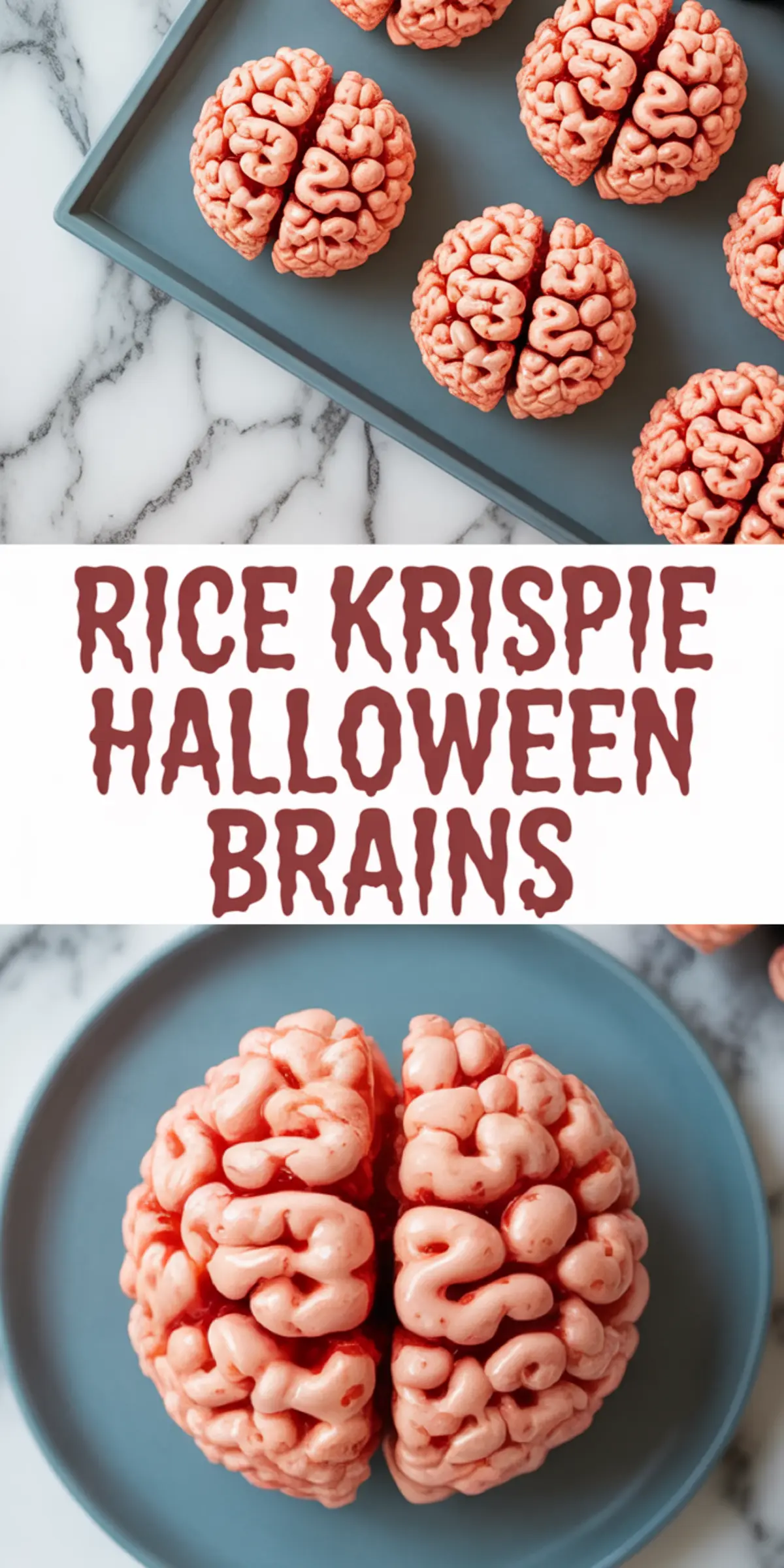 Collage of spooky rice krispie brains on a gray serving tray and plate, styled with blood-red syrup details and bold text overlay saying “Rice Krispie Halloween Brains.”