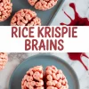 Collage showing close-up views of brain-shaped rice krispie treats with red food coloring detail on gray plates and text overlay reading “Rice Krispie Brains.”