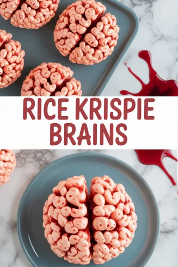 Collage showing close-up views of brain-shaped rice krispie treats with red food coloring detail on gray plates and text overlay reading “Rice Krispie Brains.”