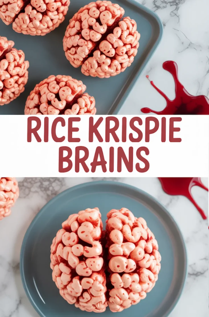 Collage showing close-up views of brain-shaped rice krispie treats with red food coloring detail on gray plates and text overlay reading “Rice Krispie Brains.”