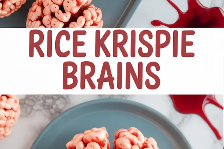 Collage showing close-up views of brain-shaped rice krispie treats with red food coloring detail on gray plates and text overlay reading “Rice Krispie Brains.”