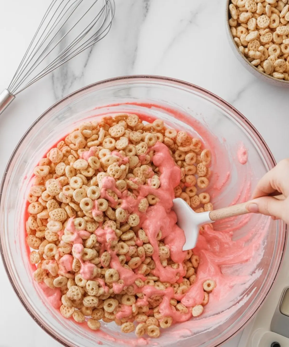 Large glass bowl filled with cereal being mixed with melted pink marshmallow mixture using a white spatula on a marble countertop.