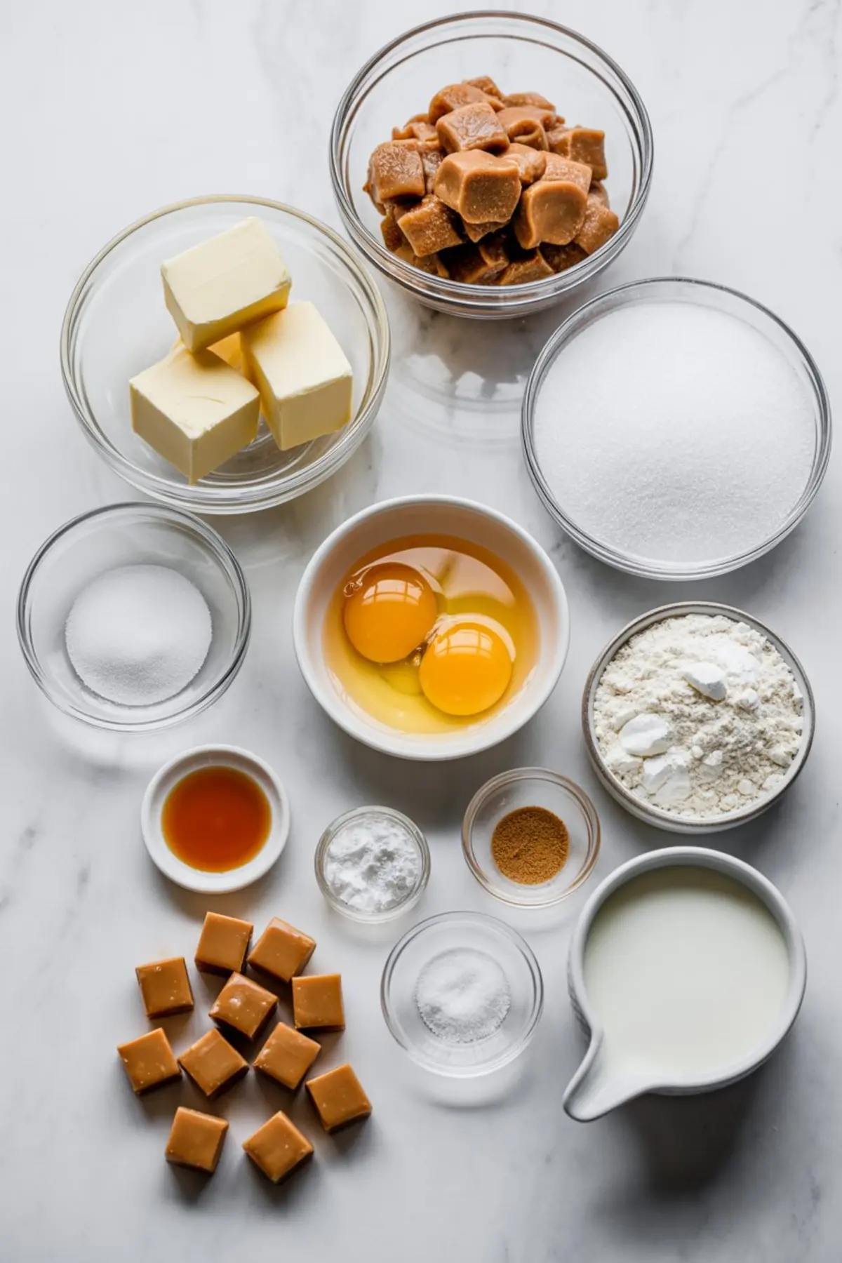 Flat lay of salted caramel cookie ingredients including butter, sugar, eggs, flour, caramel candies, baking soda, milk, vanilla, and cinnamon on a marble surface.
