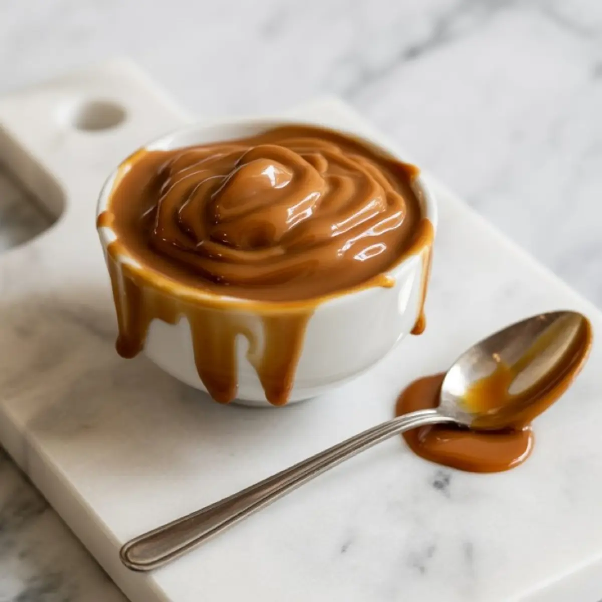 Small white bowl of rich caramel sauce with thick drips on the edge, set on a white marble board next to a spoon coated in caramel.
