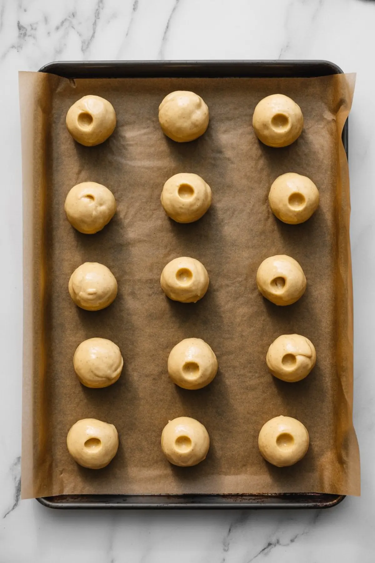 Unbaked cookie dough balls arranged on a parchment-lined baking sheet, each with a thumbprint indentation in the center ready for filling.
