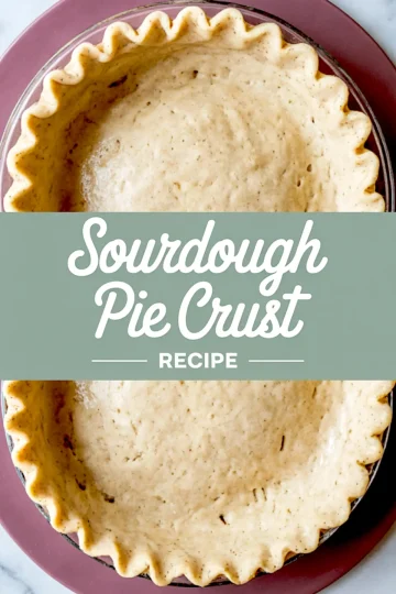 Unbaked sourdough pie crust in a glass pie dish with crimped edges, set on a pink plate, with text overlay reading “Sourdough Pie Crust Recipe.”