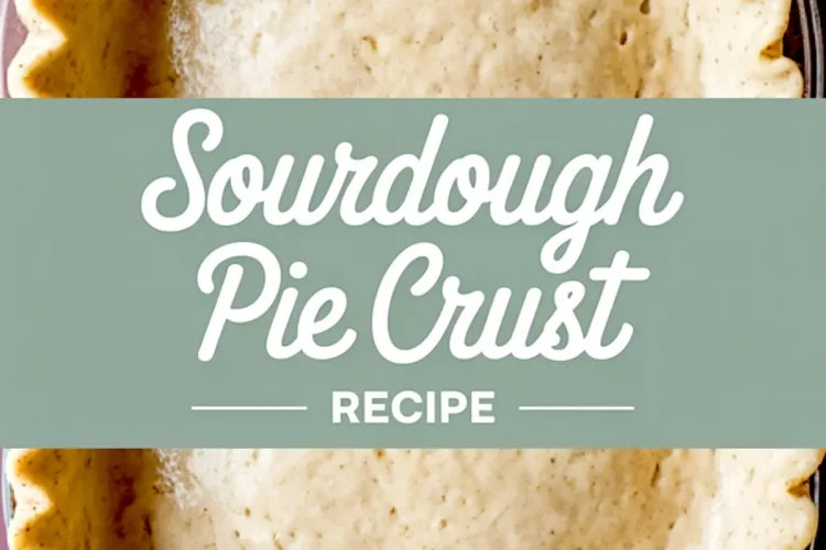 Unbaked sourdough pie crust in a glass pie dish with crimped edges, set on a pink plate, with text overlay reading “Sourdough Pie Crust Recipe.”