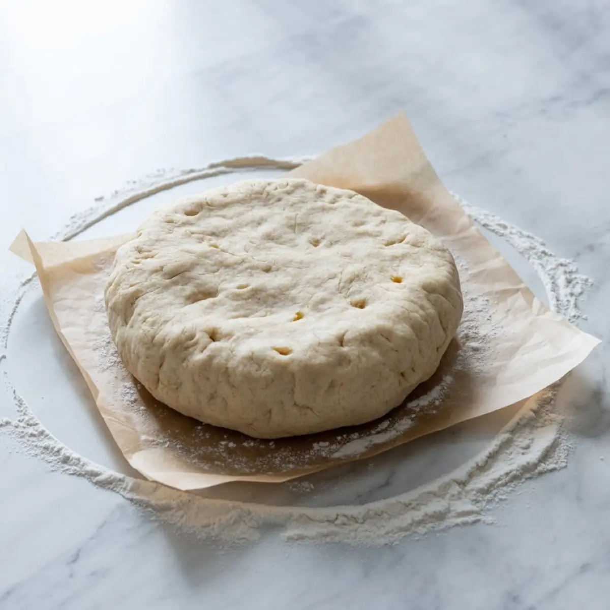 Round disc of raw pie dough resting on parchment paper, surrounded by a light dusting of flour on a marble countertop.