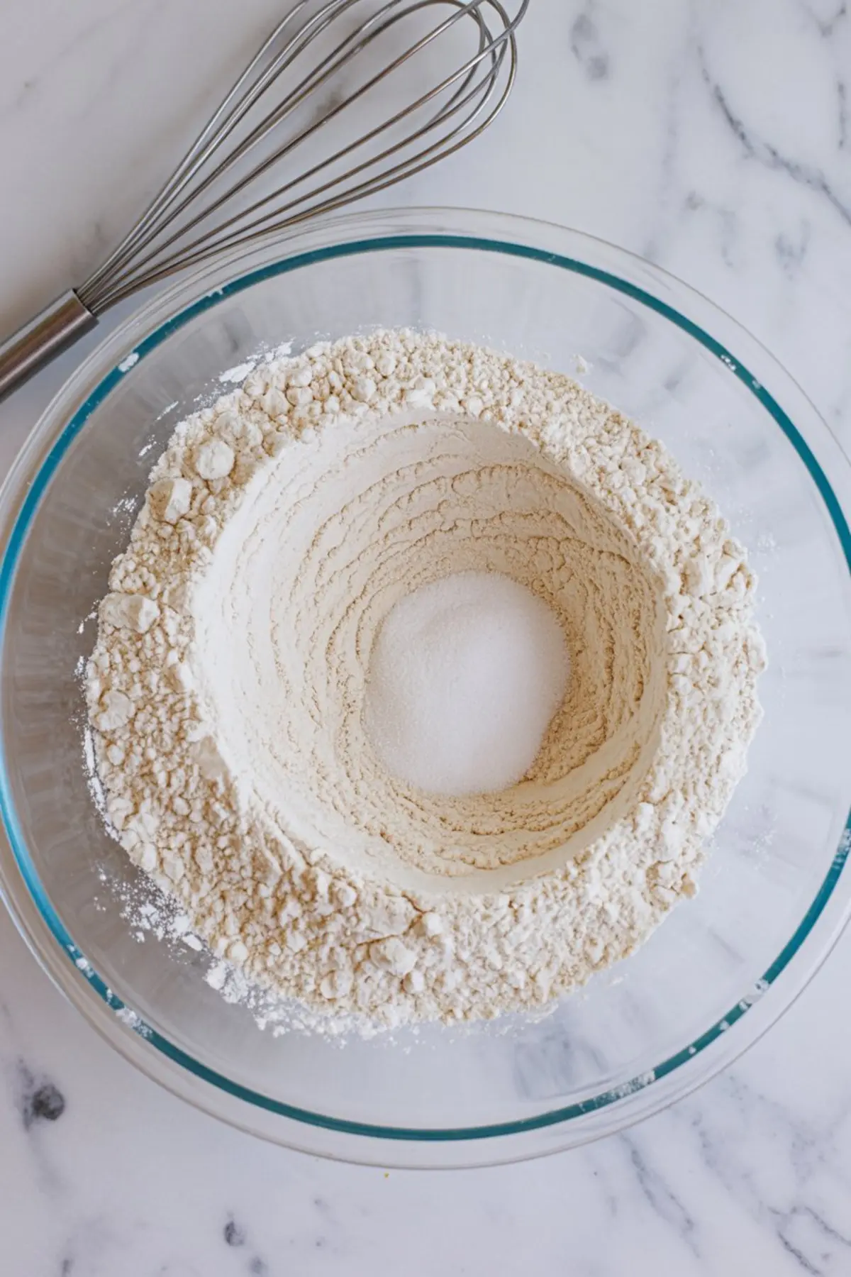Glass mixing bowl filled with flour, with a well in the center holding granulated sugar, and a metal whisk placed nearby.