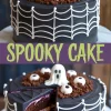 Halloween chocolate cake decorated with black frosting, white spiderweb piping, cookie crumb dirt, candy eyeballs, and a ghost topper, shown whole and sliced to reveal berry and cream layers inside.