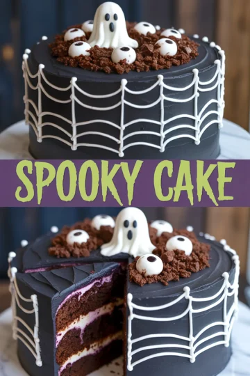 Halloween chocolate cake decorated with black frosting, white spiderweb piping, cookie crumb dirt, candy eyeballs, and a ghost topper, shown whole and sliced to reveal berry and cream layers inside.