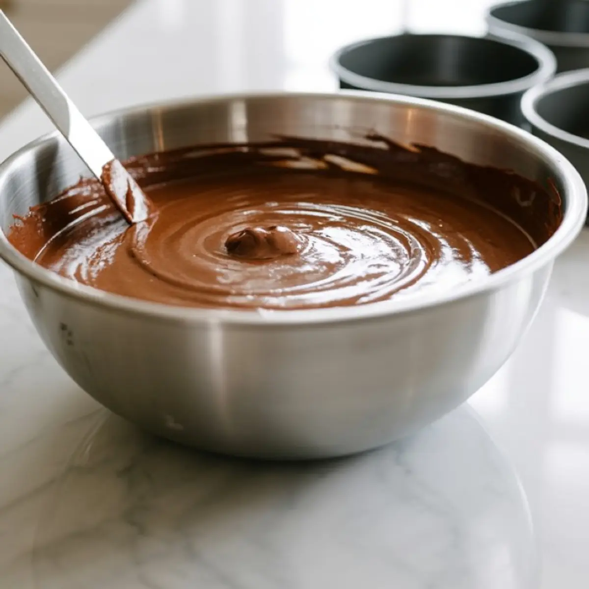 Stainless steel mixing bowl filled with smooth chocolate cake batter, with a spatula resting inside, placed on a white marble countertop.