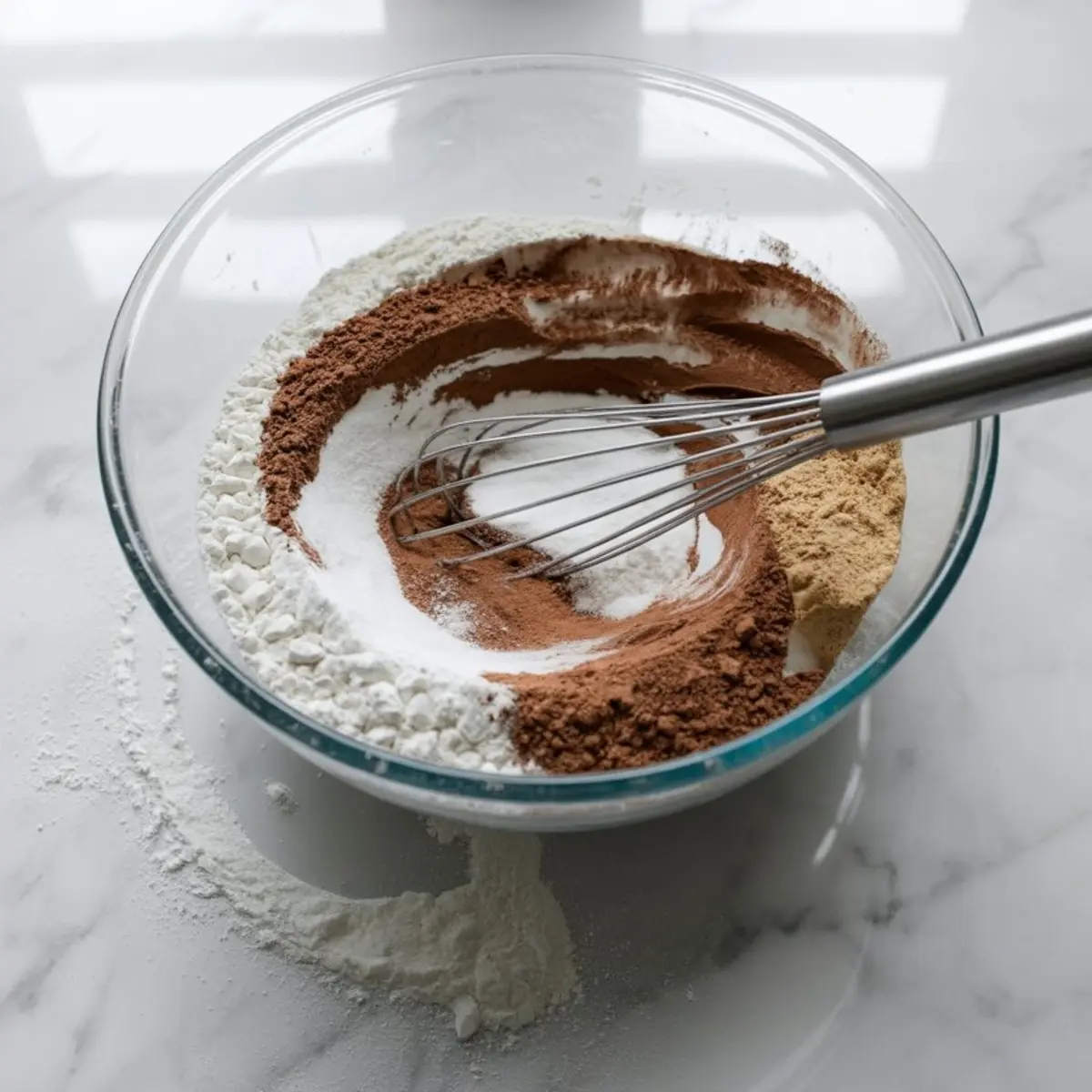 Glass mixing bowl containing cocoa powder, flour, sugar, and other dry ingredients with a metal whisk, ready to be combined for baking.