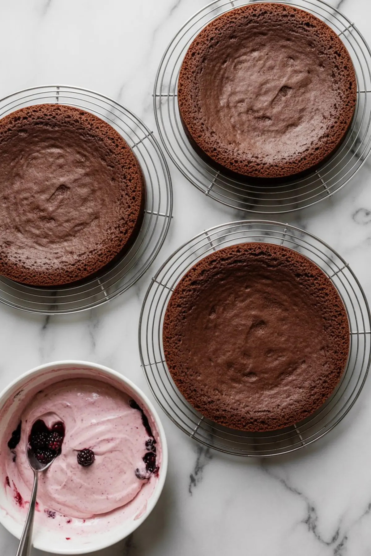 Three baked chocolate cake layers cooling on wire racks beside a bowl of pink berry frosting with whole blackberries mixed in.