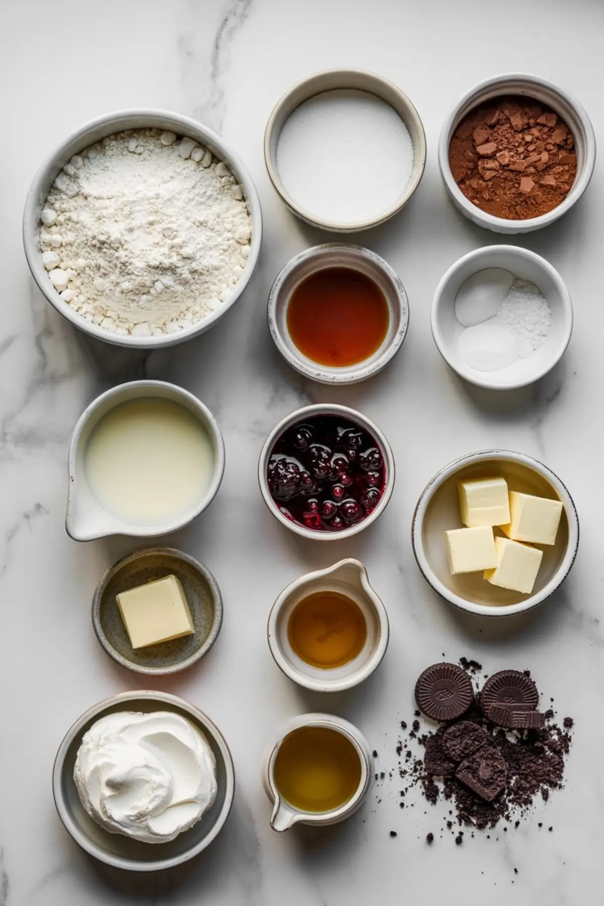 Overhead view of assorted baking ingredients in small bowls including flour, cocoa powder, sugar, butter, cream, vanilla extract, berries, cookies, and oil arranged neatly on a marble surface.