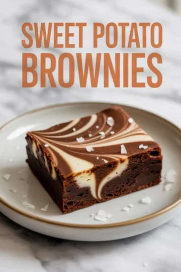 Single sweet potato brownie with a striking cream cheese swirl and flaky salt flakes, served on a white plate with text overlay reading “Sweet Potato Brownies” in bold orange letters.