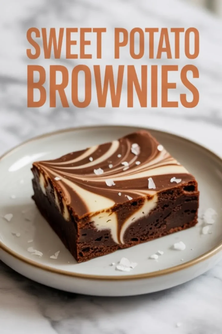Single sweet potato brownie with a striking cream cheese swirl and flaky salt flakes, served on a white plate with text overlay reading “Sweet Potato Brownies” in bold orange letters.