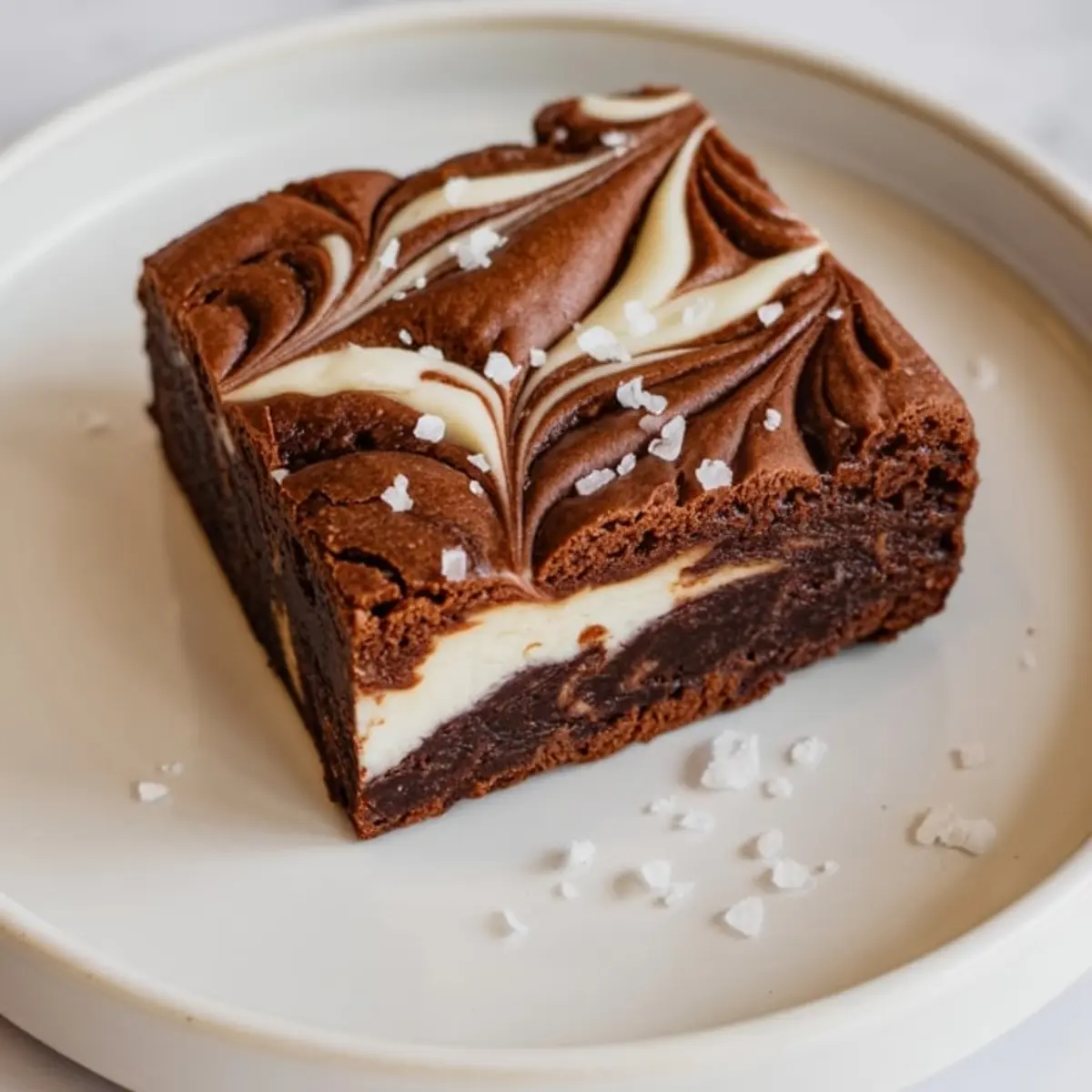 Close-up of a thick sweet potato brownie with a marbled cream cheese swirl, topped with flaky sea salt and served on a white plate.