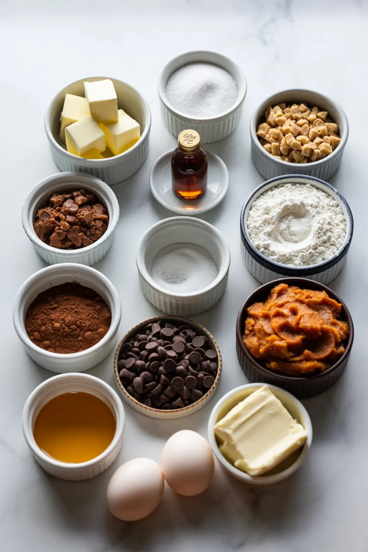 Flat lay of baking ingredients in small white bowls on a marble surface, including flour, cocoa powder, eggs, sugar, chocolate chips, butter, vanilla extract, sweet potato purée, and chopped nuts.